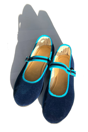 mary jane flats - velvet navy and turqoise pipping