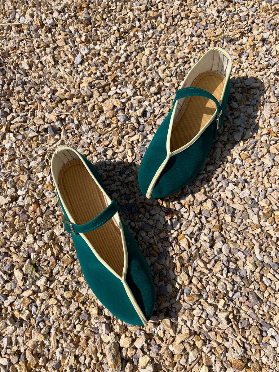 theater shoes with straps- emerald velvet and corn pipping