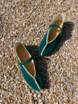 theater shoes with straps- emerald velvet and corn pipping