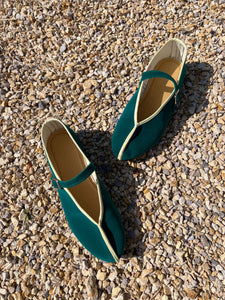theater shoes with straps- emerald velvet and corn pipping