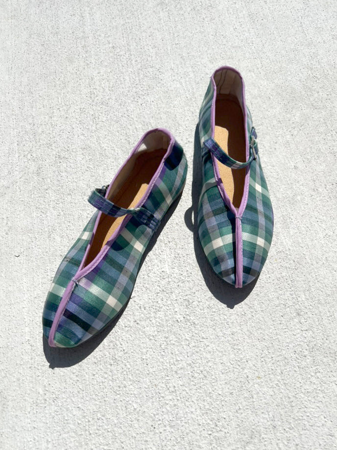 theater shoes with straps- silk plaid with lavender piping