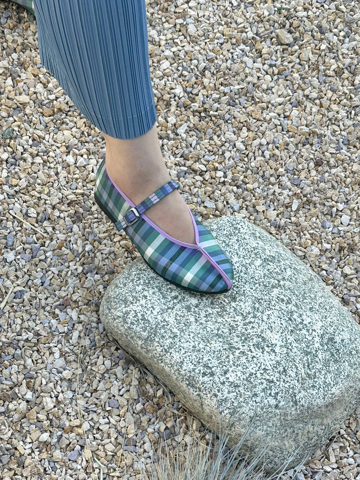 theater shoes with straps- silk plaid with lavender piping