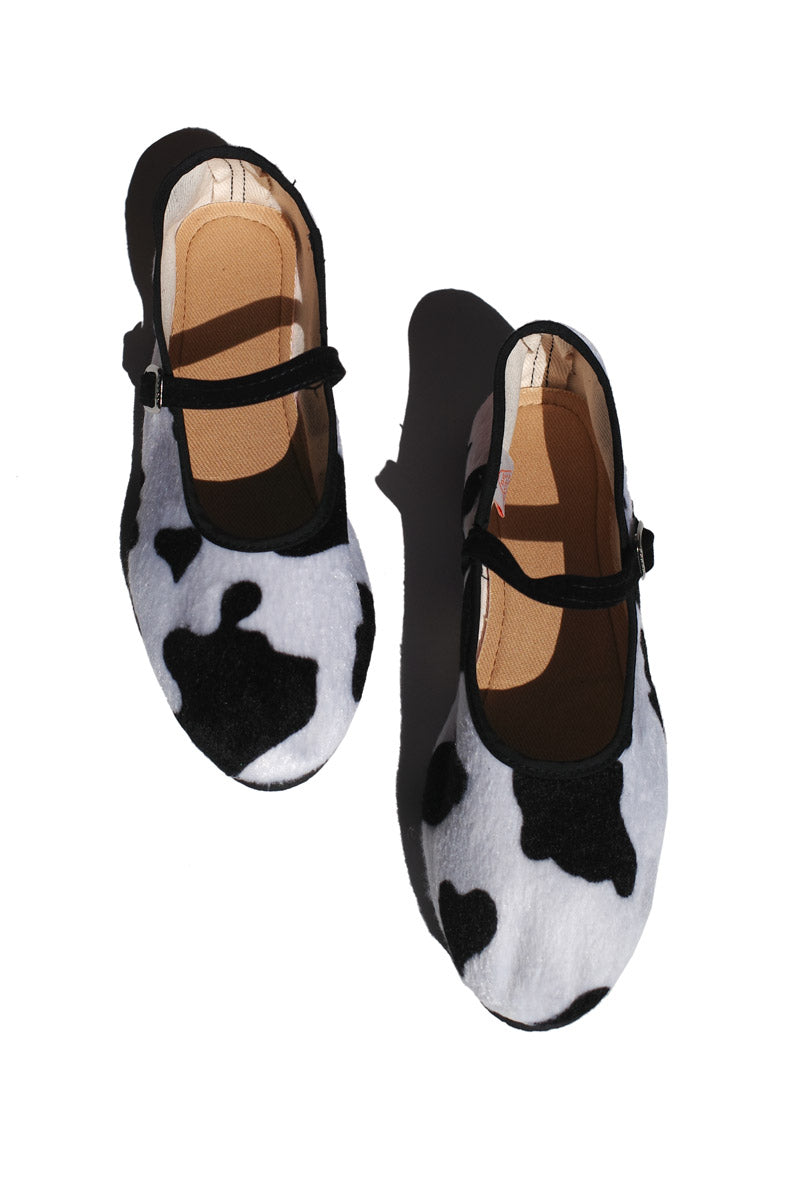 mary jane flats - faux black and white cowhide