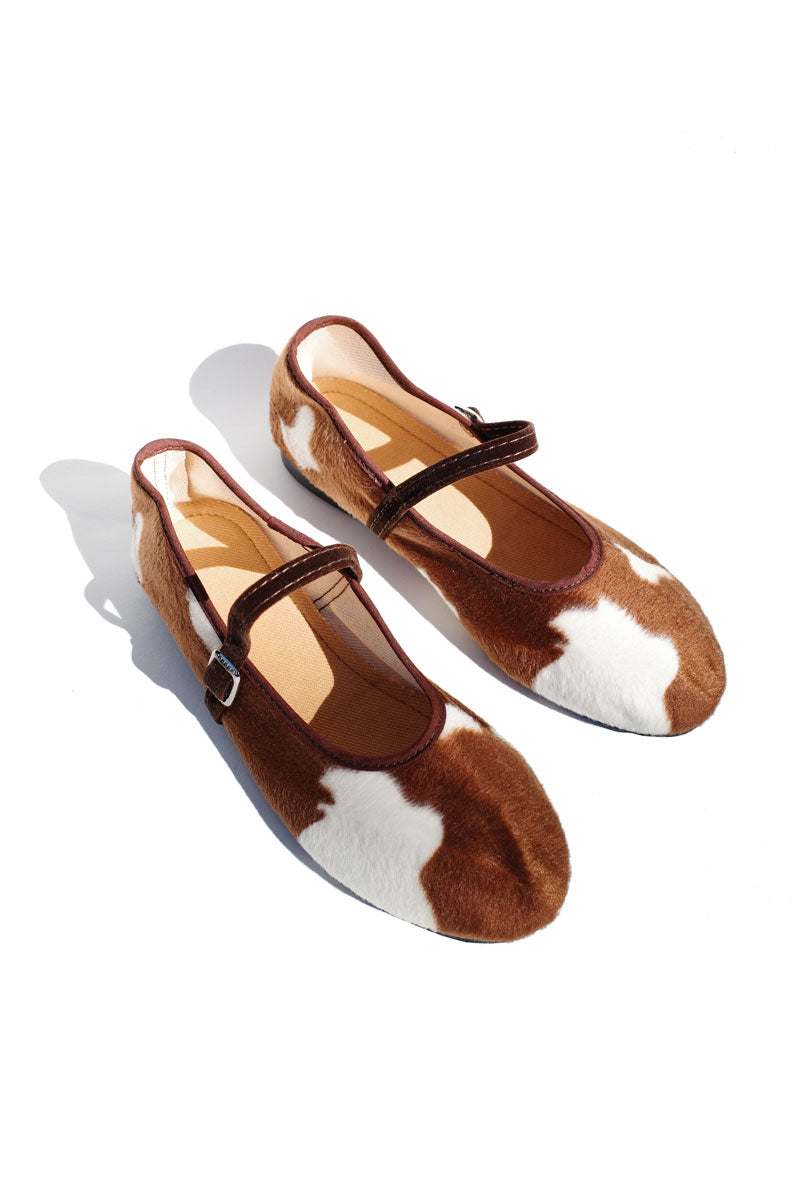 mary jane flats - faux brown and white cowhide